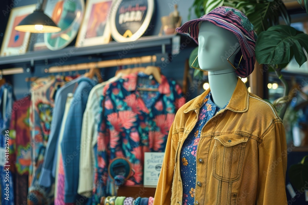Fototapeta premium 1970s Inspired Fashion Boutique with Modern Wearables and Trendy Accessories