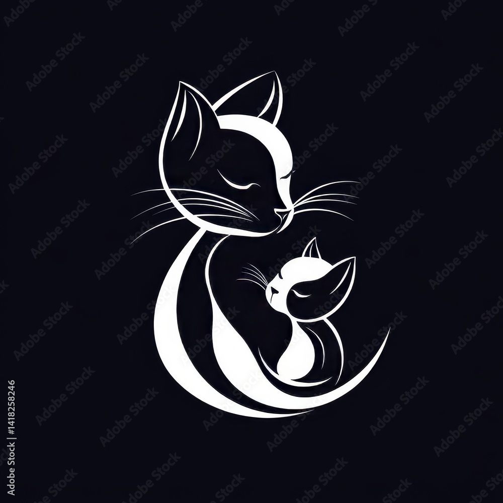 Fototapeta premium cat mom and son negative space logo icon illustration
