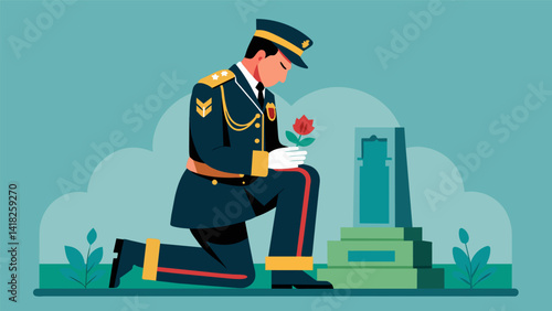 A soldier in full dress uniform kneels in front of the memorial paying tribute to those who sacrificed everything for their country.. Vector illustration