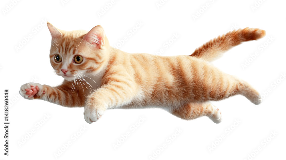A ginger tabby cat leaping forward with its paw outstretched on white background
