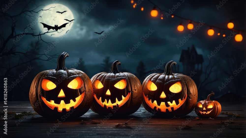 A large, menacing jack-o'-lantern with glowing orange eyes and a jagged smile sits at the center A large, menacing jack-o'-lantern with glowing orange eyes and a jagged smile sits at the center