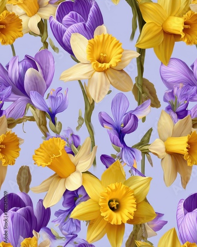 Floral symphony: daffodils and crocuses intertwine in a vibrant, painterly display of spring's ephemeral beauty and delicate charm.