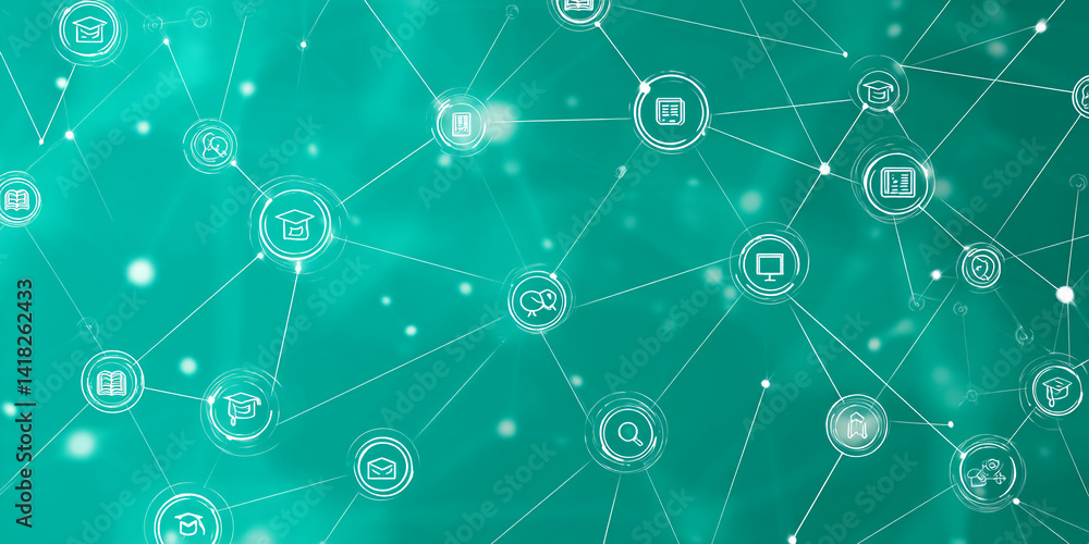 Teal background with interconnected circles showcasing education icons, symbolizing online learning network, knowledge sharing, and global connectivity Teal background with interconnected circles showcasing education icons, symbolizing online learning network, knowledge sharing, and global connectivity