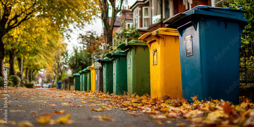 Row of colorful bins on autumnal street, leaves scattered around, showcasing seasonal urban scene Row of colorful bins on autumnal street, leaves scattered around, showcasing seasonal urban scene