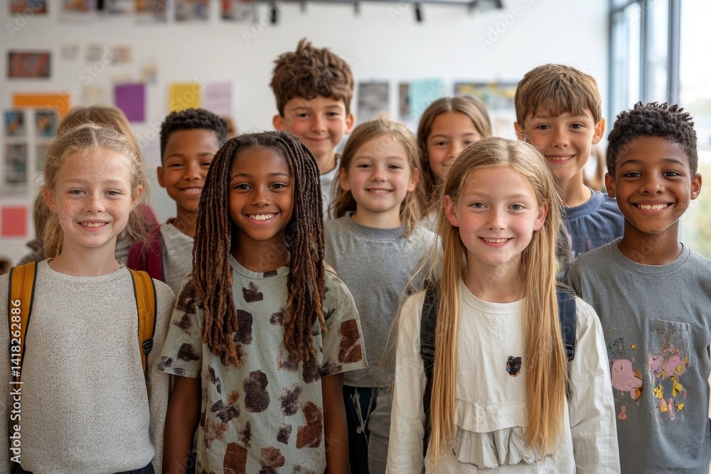Happy diverse junior school students children group looking at camera standing in classroom. Smiling multiethnic cool kids boys and girls friends posing for group portrait Happy diverse junior school students children group looking at camera standing in classroom. Smiling multiethnic cool kids boys and girls friends posing for group portrait