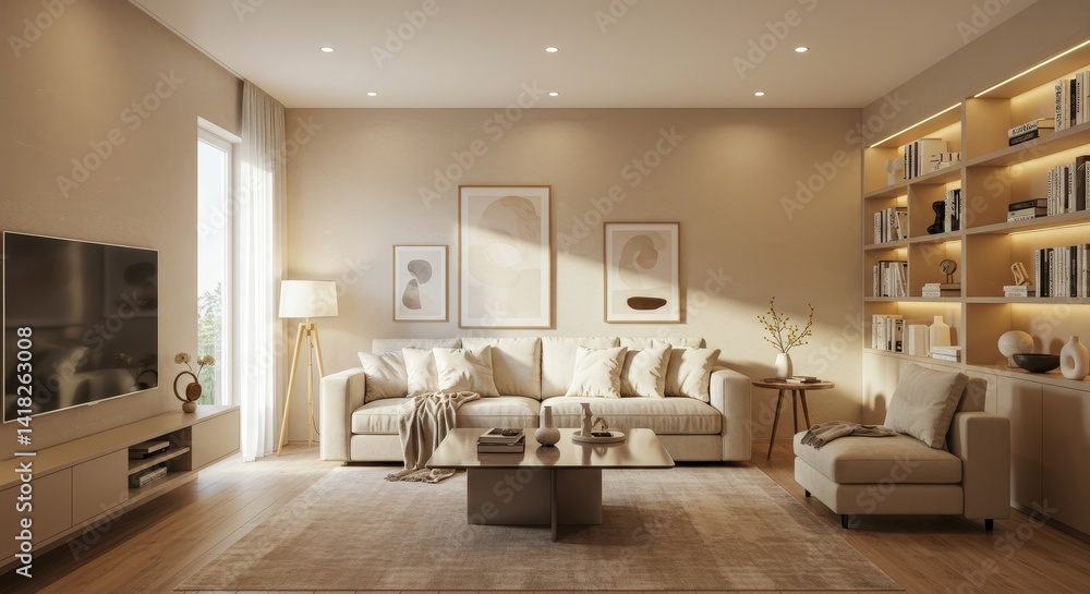 Fototapeta premium Modern Minimalist Living Room Interior Design - Stylish living room with beige walls, comfy sofa, built-in shelving, and natural light. Modern and minimalist design