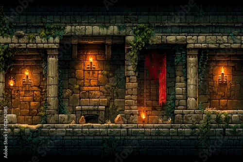Obraz na płótnie Retro Pixel Dungeon Level Design with Stone Walls and Torches for RPG Game Graphics w salonie
