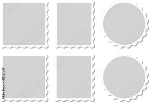 四角と長方形と丸の灰色の切手セット