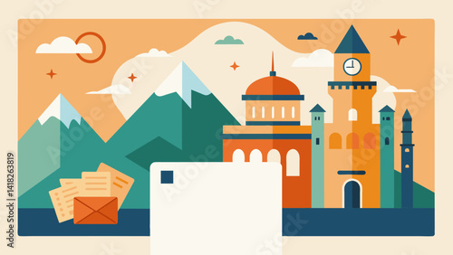 A postcard showcasing stunning architecture and a handwritten quote about exploration and adventure inspiring a page filled with wanderlust and travel. Vector illustration