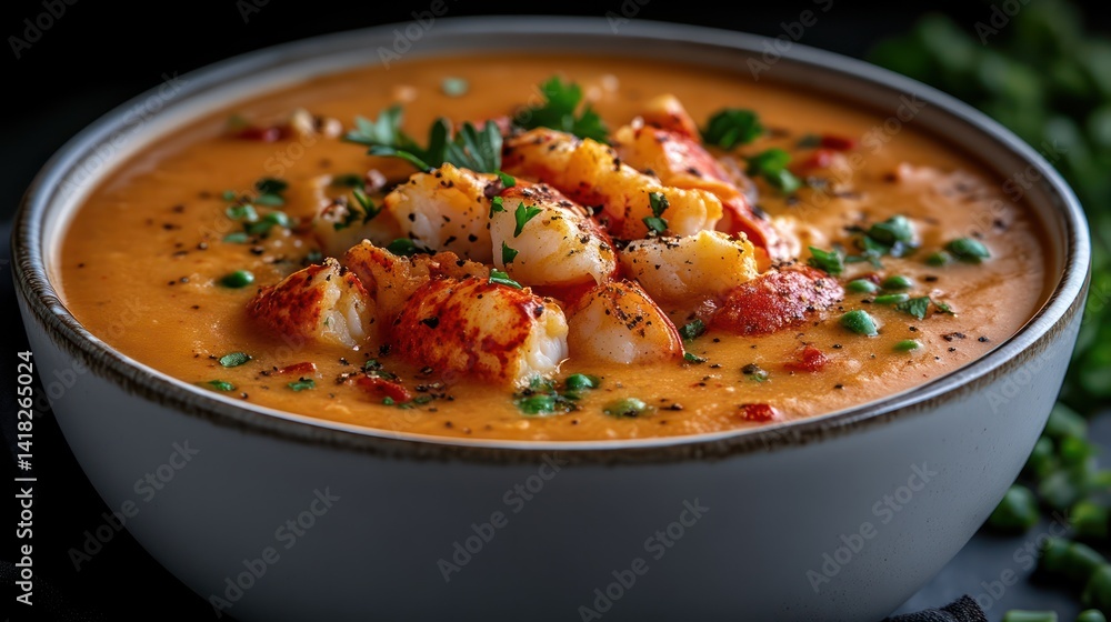 Hearty Seafood Soup in a Ceramic Bowl Garnished with Fresh Herbs and Seasonings Hearty Seafood Soup in a Ceramic Bowl Garnished with Fresh Herbs and Seasonings