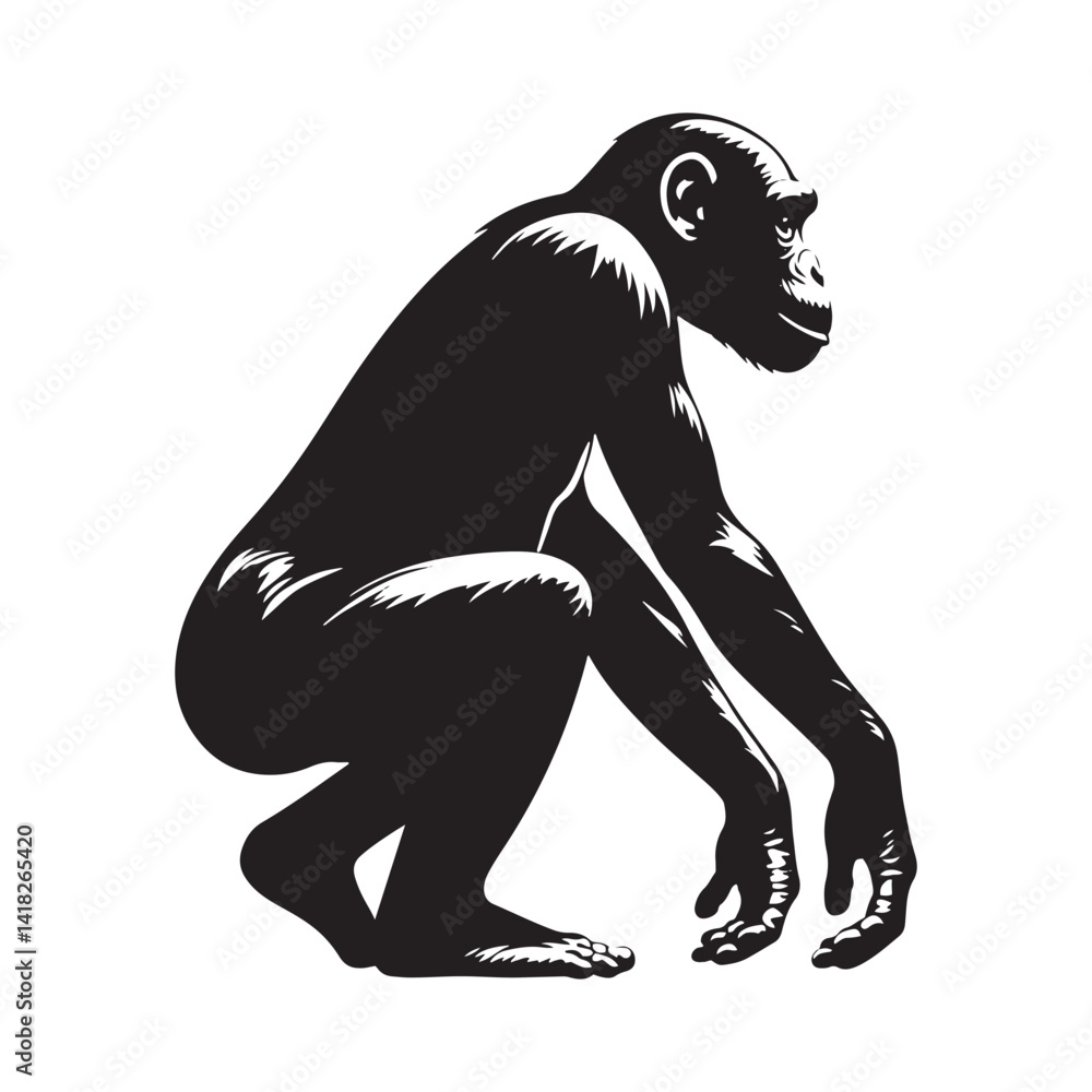 Fototapeta premium Peaceful Shadows: A Thoughtful Collection of Bonobo Vector Silhouettes Highlighting the Gentle Nature, Social Intelligence, and Distinctive Form of Humanity’s Closest Primate Relative in the Wild