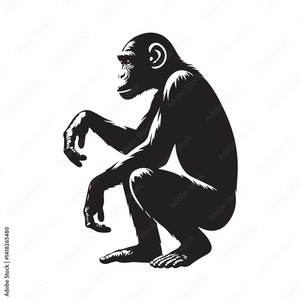 Fototapeta premium Peaceful Shadows: A Thoughtful Collection of Bonobo Vector Silhouettes Highlighting the Gentle Nature, Social Intelligence, and Distinctive Form of Humanity’s Closest Primate Relative in the Wild