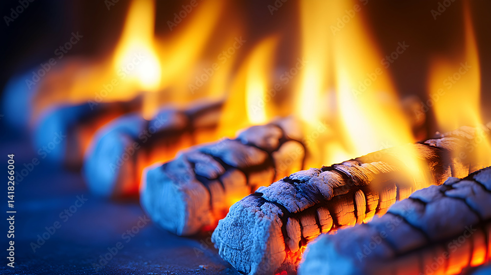 Close-up of burning logs in a fireplace, showcasing vibrant flames and glowing embers. Perfect for themes of warmth, comfort, and relaxation. Close-up of burning logs in a fireplace, showcasing vibrant flames and glowing embers. Perfect for themes of warmth, comfort, and relaxation.