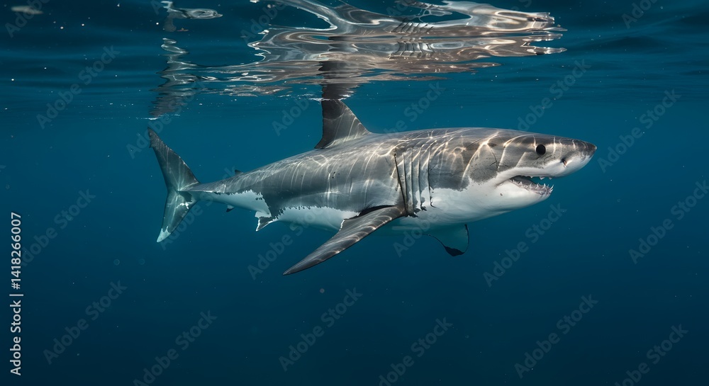 Naklejka premium Great White Shark Underwater Portrait Danger Swimming in Ocean Predator with Open Jaws Showing Teeth Hunting in Deep Water 