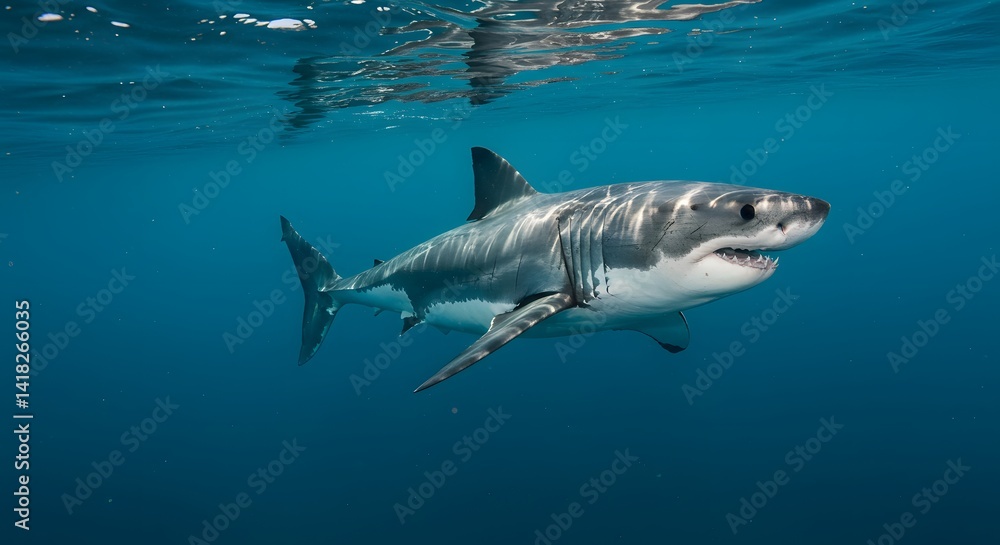 Fototapeta premium A stunning image captures a great white shark gracefully gliding through the ocean's depths.