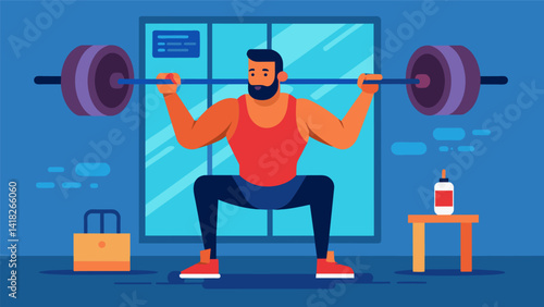 A weightlifter trains in a virtual gym testing their strength and technique with virtual weights and equipment.. Vector illustration