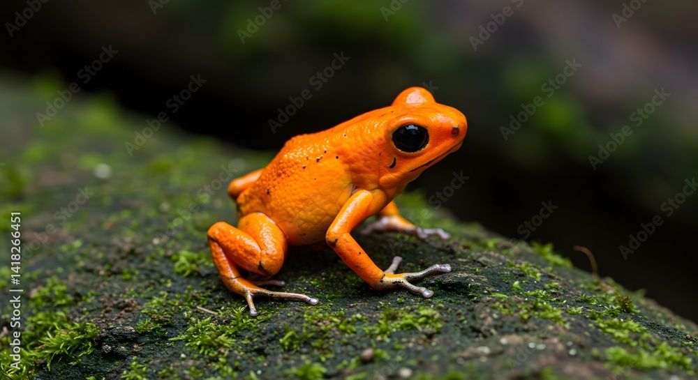 Fototapeta premium A stunning close-up shows a brilliant orange poison dart frog perched on a moss-covered log.