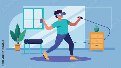 A user holding a resistance band and following along with a VR instructor performing various exercises such as squats and lunges for a fullbody. Vector illustration