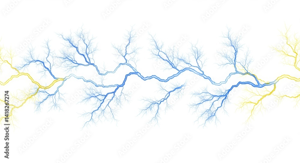 Abstract Blue and Yellow Lightning Branches - Abstract of branching lightning bolts in blue and yellow hues on a white background. Perfect for backgrounds, designs, and more Abstract Blue and Yellow Lightning Branches - Abstract of branching lightning bolts in blue and yellow hues on a white background. Perfect for backgrounds, designs, and more