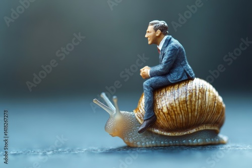 Slow growth, inefficient or stupid mistake, businessman idiot leader riding slow snail never reach goal, losing business competition