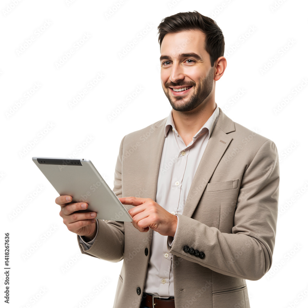 Smiling businessman in suit holding a tablet, isolated on transparent background, PNG format Smiling businessman in suit holding a tablet, isolated on transparent background, PNG format