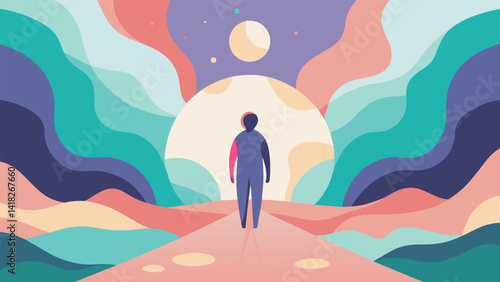 A solitary figure holding a pastel in hand surrounded by a sea of muted colors symbolizes the journey of finding inner healing through the act of. Vector illustration