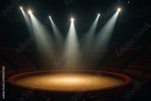 Spotlight Shines on Empty Circus Ring in an Indoor Arena During Evening Perfo...