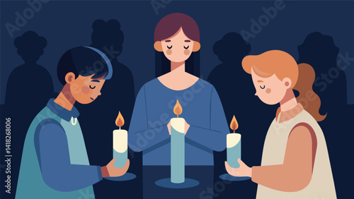 In a quiet moment of contemplation the teens take turns lighting a candle and offering a silent prayer for guidance as they prepare for their. Vector illustration
