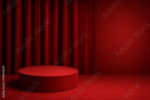 Red Stage With Curved Platform and Velvet Backdrop Designed for Performance o...