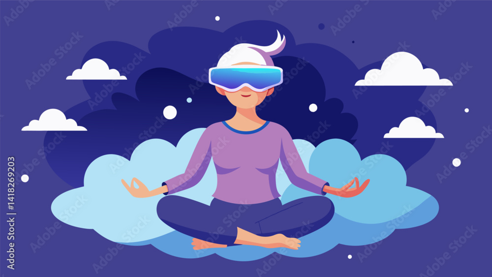 A peaceful and immersive VR experience in the clouds allowing users to let go of their worries as they soar through a tranquil sky and choose from. Vector illustration A peaceful and immersive VR experience in the clouds allowing users to let go of their worries as they soar through a tranquil sky and choose from. Vector illustration