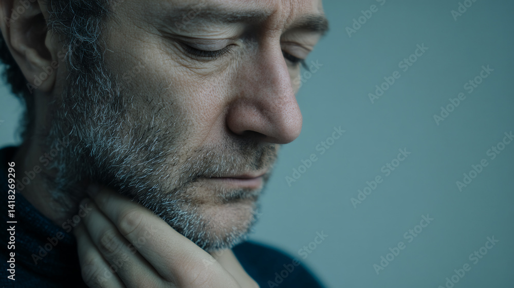 Obraz premium Close-up of a man's face, showing graying beard and thoughtful expression, conveying contemplation and introspection, suitable for mental health awareness