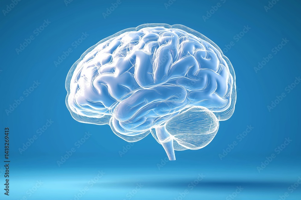 transparent 3D model of human brain floating against clean blue background symbolizing intelligence and digital health, Generative AI transparent 3D model of human brain floating against clean blue background symbolizing intelligence and digital health, Generative AI