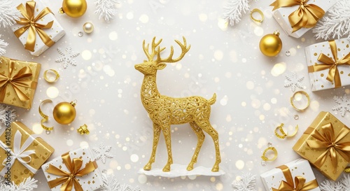 Golden Reindeer Christmas Decor - Elegant gold reindeer figurine surrounded by gold and white Christmas gifts and ornaments on a light gray background. Perfect for holiday cards or websites
