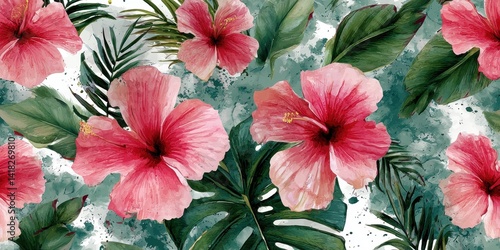 Wallpaper Mural Vibrant tropical pattern featuring pink hibiscus flowers and lush green leaves, creating an exotic and refreshing visual experience. Torontodigital.ca