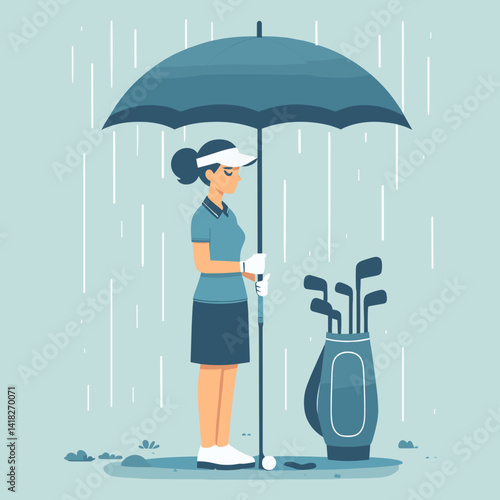 Illustration of a female golfer under an umbrella in the rain 