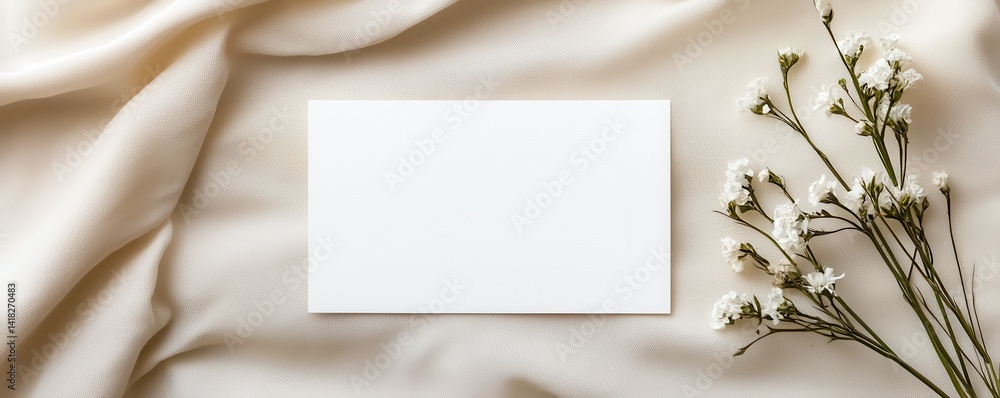 A minimalist composition featuring a blank card on soft fabric next to delicate flowers, ideal for invitations or stationery. A minimalist composition featuring a blank card on soft fabric next to delicate flowers, ideal for invitations or stationery.