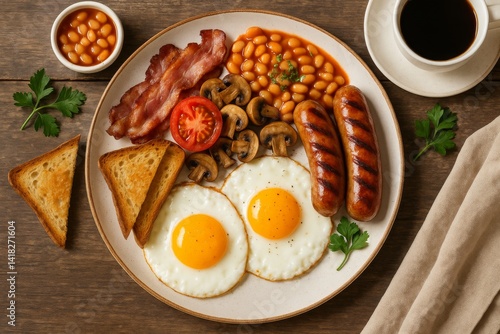 Delicious Breakfast Plate With Eggs, Sausages, Bacon, Toast, and Beans Served...