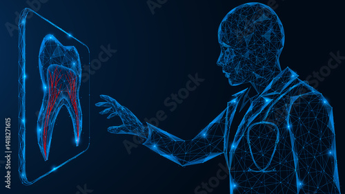 An artificial doctor examines a picture of a person's tooth on a monitor screen. A low-poly design made of interconnected elements. Blue background.