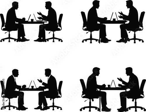 Black and White Business Meeting Silhouette Set – Vector Illustration of Office Desk Conversation