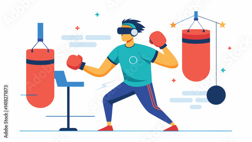 A man with visual impairment participates in VR boxing training using sound cues and haptic feedback to guide his movements.. Vector illustration