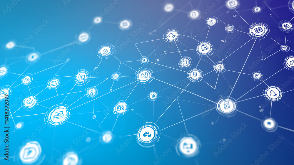 Abstract network graphic, blue gradient background, interconnected icons symbolizing global connection, digital communication, and data flow, ideal for technology or business concepts Abstract network graphic, blue gradient background, interconnected icons symbolizing global connection, digital communication, and data flow, ideal for technology or business concepts