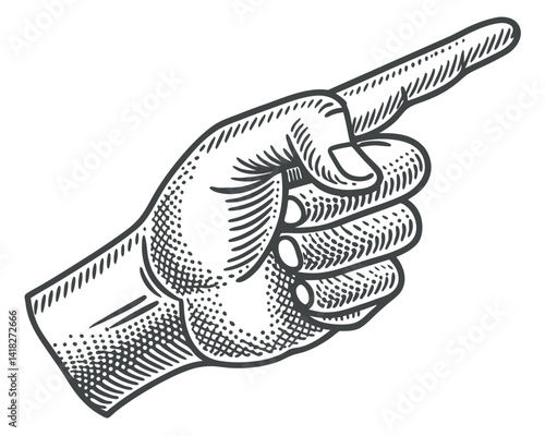 Engraved Pointing Hand Illustration: Direction, Choice, and Vintage Style.