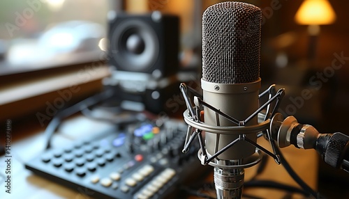 Studio microphone positioned in front of audio equipment.