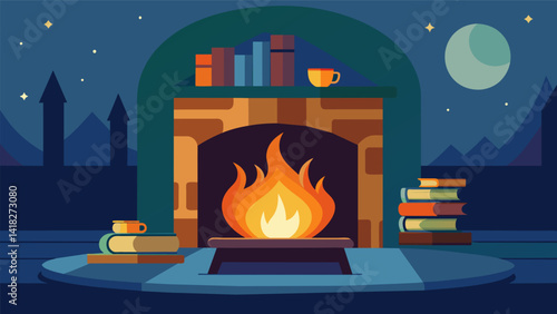A cozy fireplace crackles in the corner adding to the intimate and inviting atmosphere of the book club meeting.. Vector illustration