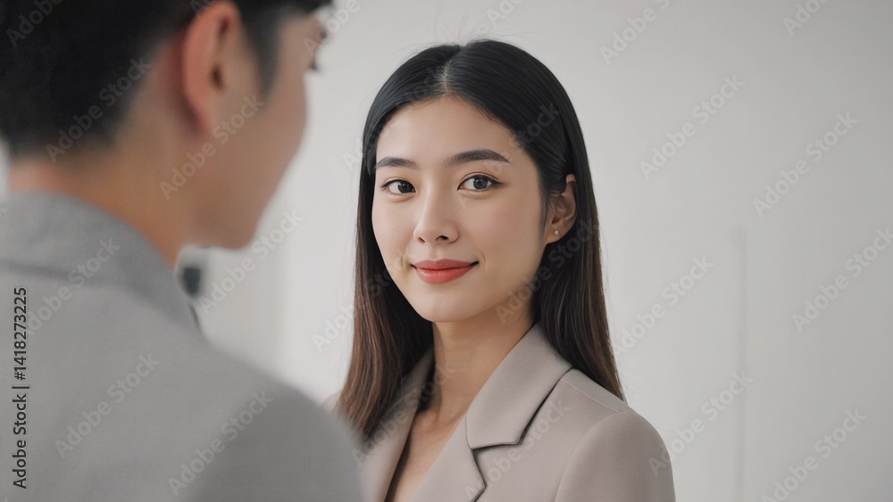 A man and a woman look into each other's eyes, capturing a romantic moment A man and a woman look into each other's eyes, capturing a romantic moment
