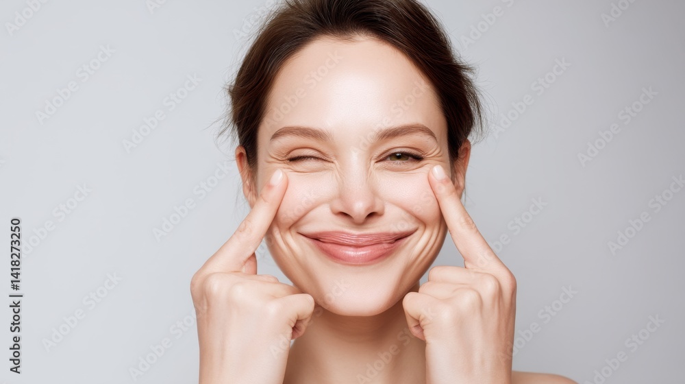 Happy woman embracing natural beauty with a playful smile for skincare inspiration Happy woman embracing natural beauty with a playful smile for skincare inspiration