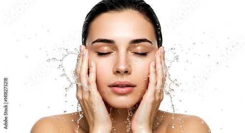 Clean beauty concept with a close-up of a woman splashing water on her face