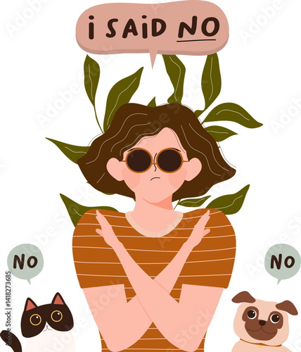 No means no. woman denial hand and speech bubble. Stop domestic violence and crime against females