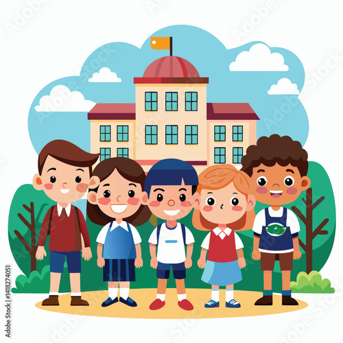 Happy children standing in front of school