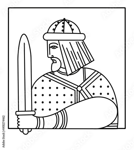 Stylized Line Art Portrait of Vladimir the Great with Sword in Profile